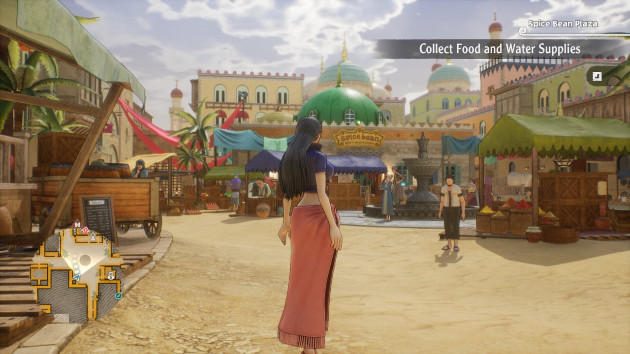 The featured image for our One Piece Odyssey Timeline guide, featuring a woman standing in a village square in a desert town.
