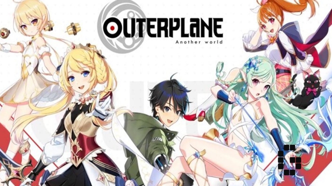 The featured image for our Outerplane tier list, featuring a roster of Outerplane characters gathered together, looking joyfully towards the camera.