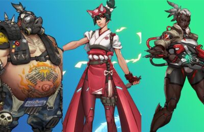 feature image for our overwatch 2 patch notes guide, the image features official promo art for the heroes roadhog, kiriko, and sojourn