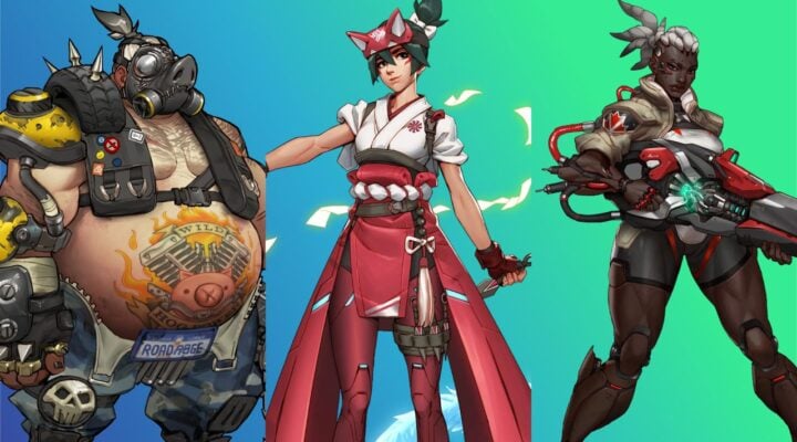 feature image for our overwatch 2 patch notes guide, the image features official promo art for the heroes roadhog, kiriko, and sojourn