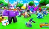 Feature image for our Pickaxe Mining Simulator codes guide. It shows several Roblox characters, with pickaxes and pets.