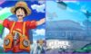 feature image for our pixel piece map guide, the image features a screenshot of luffy from one piece, as well as a screenshot of a location in the pixel piece roblox game with the game's logo