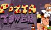 The featured image for our Pizza Tower Secrets guide, featuring the game's logo, with the main character of the game standing to the right, looking at the camera. They are wearing a chef's hat and hold an anxious expression.