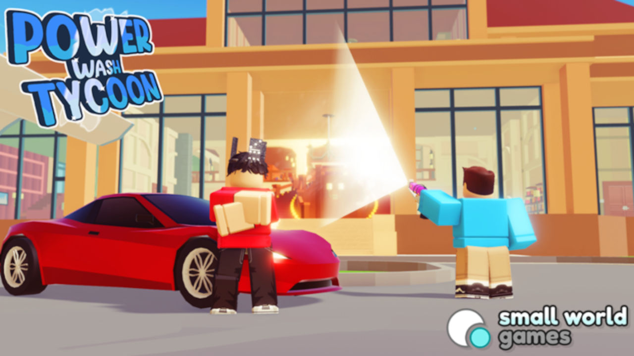 Power Wash Tycoon character cleaning a car.