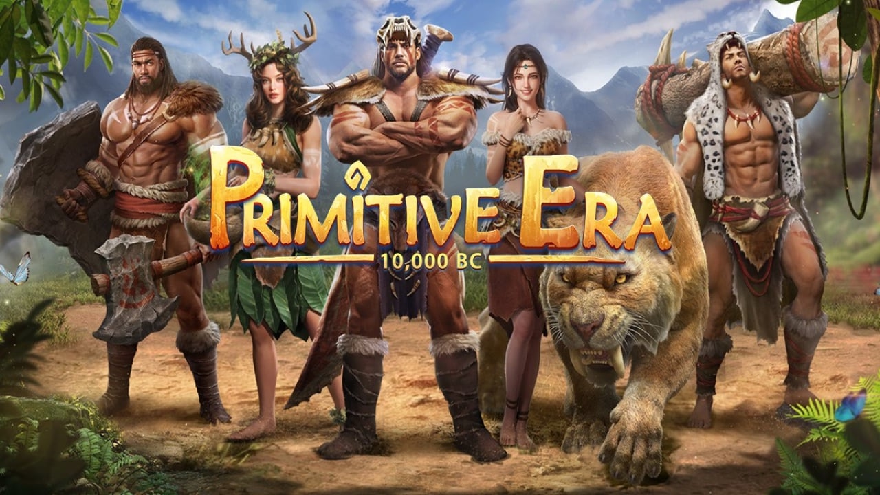 The featured image for our Primitive Era codes guide, featuring a roster of characters from the game all standing behind the graphics of the game, reading "Primitive Era". They are all wearing primitive clothing and are standing in a jungle.