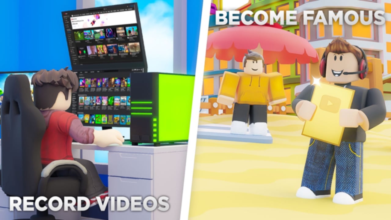 The featured image for our RoTube Life codes guide, featuring a YouTuber recording videos on their computer, and another YouTuber receiving an award and becoming famous for their hard work.