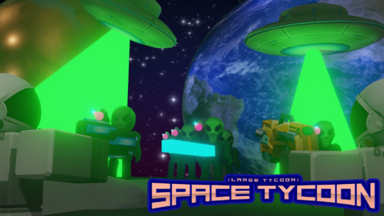 The featured image for our Space Tycoon codes guide, featuring a space station filled with aliens as they work amongst themselves.