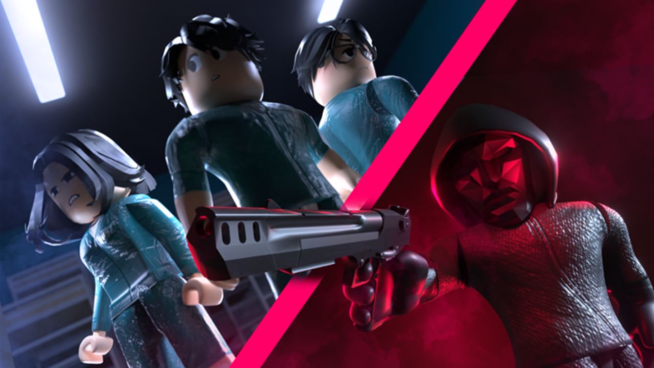 feature image for our squid game x codes guide, the image features roblox versions of some of the characters from the Squid Game tv series. including a masked character holding a gun, while 3 squid game participants stand together in the squid game tracksuits