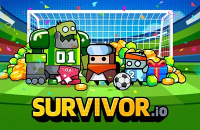 The featured image for our Survivor.io Weapons guide, featuring three Survivor.io characters standing infront of a football/soccer goal net. Behind the characters is a bunch of gems/coins.