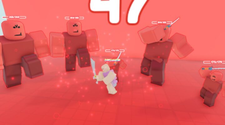 Feature image for our Sword Slasher codes guide. It shows a Roblox character swinging a sword at a group of four huge red enemies with tusks.