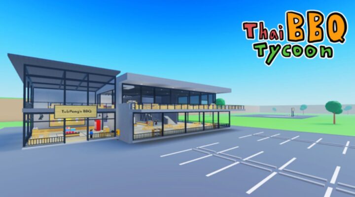Feature image for our Thai BBQ Tycoon codes guide. It shows a BBQ place with a large parking lot.