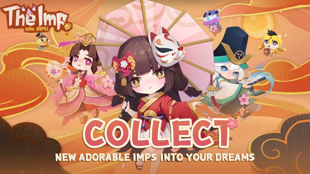 The featured image for our The Imp: Idle JRPG codes guide, featuring a few Imps from the game facing the camera. It says "collect" undernearth the first Imp, and the background is orange.