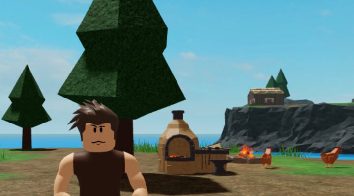 The featured image for our The Survival Game farming guide, featuring a character from the Survival Game looking directly at the camera. Behind him is a furnace, and a house on a mountain that overlooks the oceon in the distance.