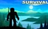 The featured image for our The Survival Game iron guide. The picture features a Roblox character with a bow on their back looking onwards towards a green lake and valley lit by natural lighting.