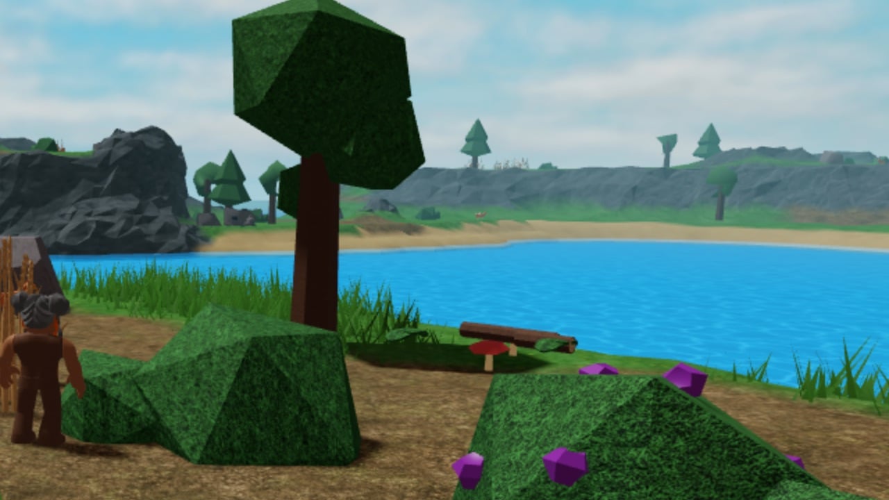 The featured image for our The Survival Game Map guide, featuring a Roblox character looking at at a tree, and after that, a blue lake.