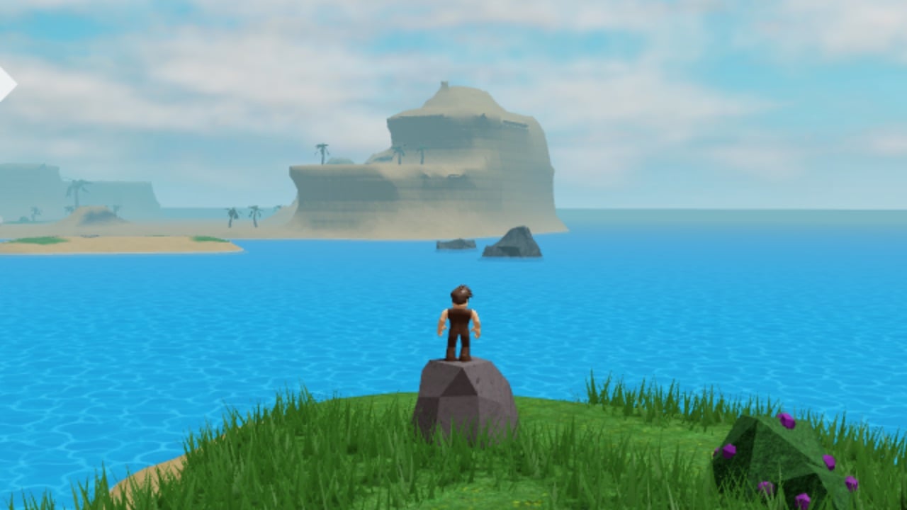 The featured image for our The Survival Game Merchants guide, featuring a Roblox character overlooking the oceon as he stands on a rock with his back to the camera. In the distance, you can see clouds and a desert island.