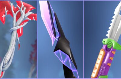 feature image for our valorant knife tier list, the image features 3 screenshots from the game of 3 knives