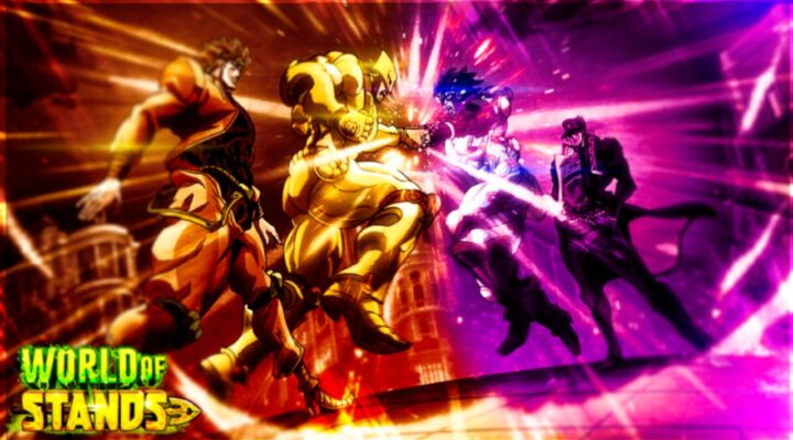 Feature image for our World Of Stands codes guide. It shows characters Jojo and Dio from Jojo's Bizarre Adventure, with their Stand summons fighting each other.