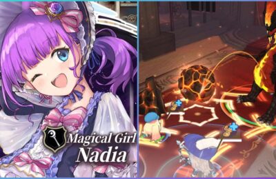 feature image for our zold:out global reroll guide, the image features promo art for a character called nadia as well as a screenshot of combat gameplay as small versions of the characters battle against a dragon