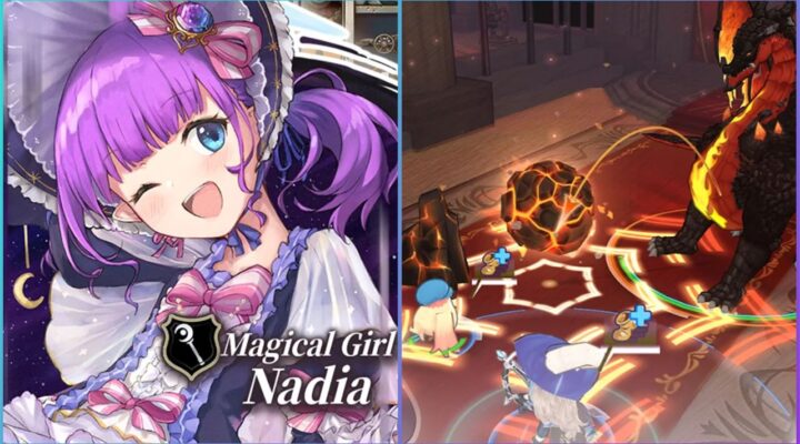 feature image for our zold:out global reroll guide, the image features promo art for a character called nadia as well as a screenshot of combat gameplay as small versions of the characters battle against a dragon