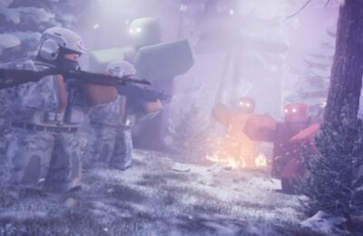 The featured image for our Zombie Battle Tycoon codes guide, featuring soldier shooting and fighting zombies in a snowwy forest. There's a pink light shining through, impying the time is of the early hours of the morning.