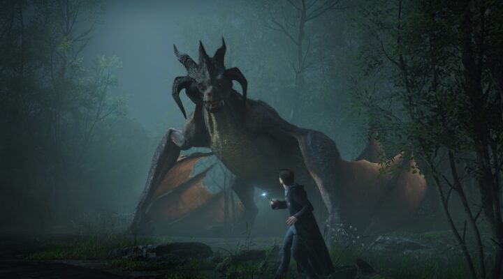 The featured image for our Hogwarts Legacy bridge puzzle guide, featuring a Hogwarts student looking up at a dragon in a dark forest.