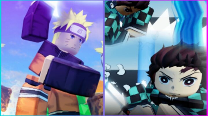 feature image for our anime power simulator codes guide, the image features roblox models of naruto and tanjiro from the demon slayer series