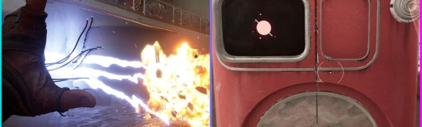 feature image for our atomic heart nora fridge guide, the image features screenshots from the game of a nora fridge and of the main character wielding an electro ability from their hand towards flames