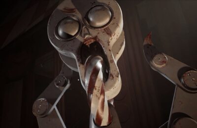 The featured image for our Atomic Heart Testing Ground guide, featuring a robot screaming at the camera.
