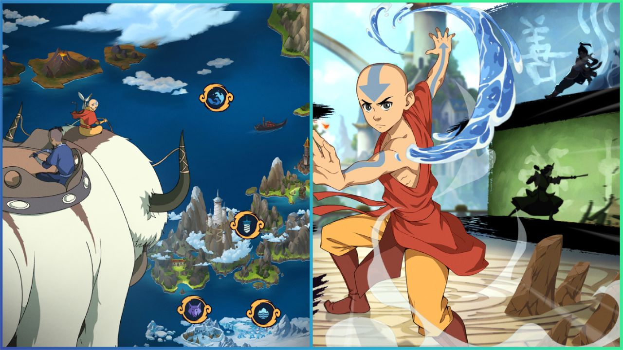 feature image for our avatar generations codes guide, the image features aang from the avatar series, as he poses for battle, as well as riding on the back of appa