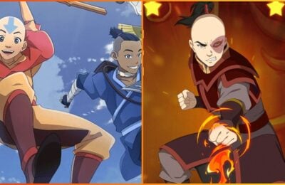 feature image for our avatar generations reroll guide, the image features official anime art of aang and sokka, as well as promo art of zuko