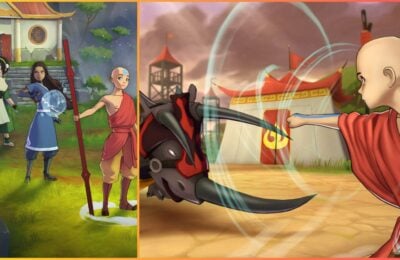 feature image for our avatar generations tier list, the image features aang taking part in battle, as well as a screenshot of characters from the game
