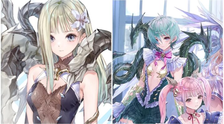 feature image for our blue reflection sun reroll guide, the image features two sets of promo art, one of a character with dragons appearing behind her back, and the other is promo art of two characters stood together while one has green dragons appearing behind her back