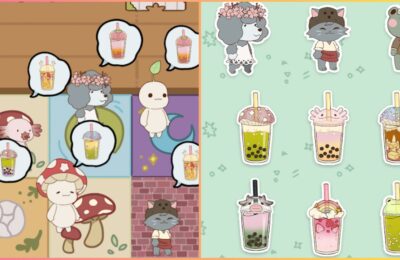 feature image for our boba story codes guide, the image features promo screenshots of the game including a photo of customers in the shop waiting for orders as well as promo art of some of the drinks and customers