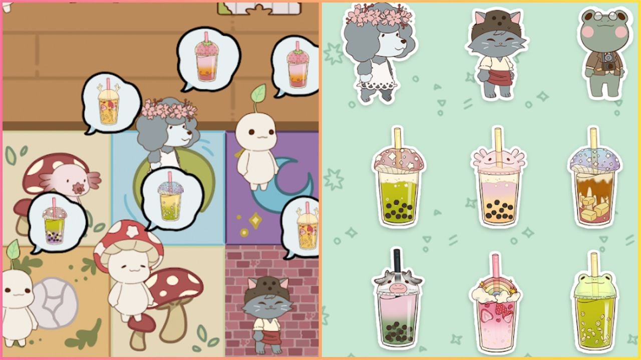 feature image for our boba story codes guide, the image features promo screenshots of the game including a photo of customers in the shop waiting for orders as well as promo art of some of the drinks and customers