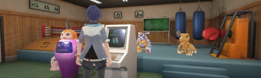 Feature image for our Digimon World: Next Order salty fruit guide. It shows the player in a gym area with Agumon and Gabumon.
