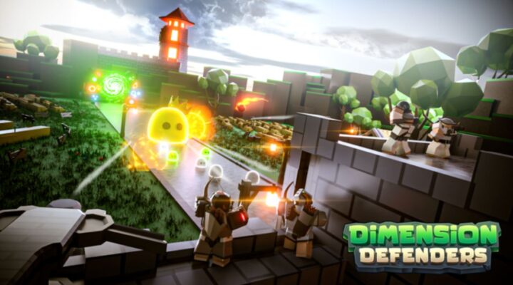 Feature image for our Dimension Defenders codes guide. It shows several Roblox characters firing arrows off a defensive wall while slimes advance towards them,