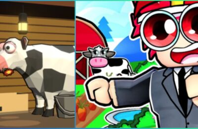 feature image for our farm factory tycoon codes guide, the image features a screenshot of a cow from the game, as well as promo art of a roblox character and a cow next to a barn and fields