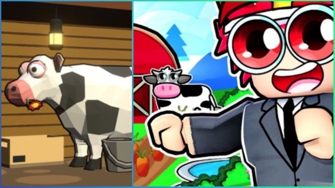 feature image for our farm factory tycoon codes guide, the image features a screenshot of a cow from the game, as well as promo art of a roblox character and a cow next to a barn and fields