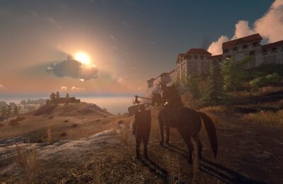 The featured image for our Gloria Victis builds guide, featuring two characters watching a sun set behind a cloud. The characters are facing away from the camera, and one is sitting ontop of a horse.