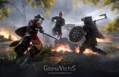 The featured image for our Gloria Victis Coal guide, featuring three medieval soldiers engaging in combat in a forest. Fire burns around them.