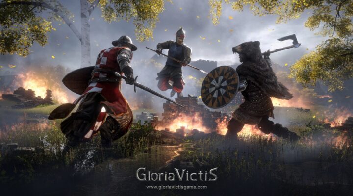 The featured image for our Gloria Victis Coal guide, featuring three medieval soldiers engaging in combat in a forest. Fire burns around them.