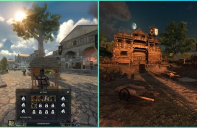 feature image for our gloria victis crafting guide, the image features gameplay screenshots of a character stood in a city with their own stall, as well as a screenshot of a village from the game as clouds roll in and the moon appears