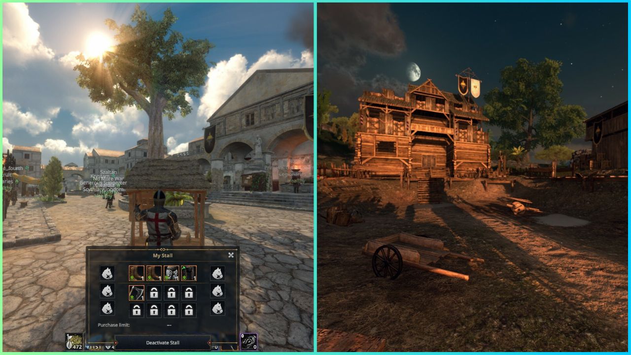 feature image for our gloria victis crafting guide, the image features gameplay screenshots of a character stood in a city with their own stall, as well as a screenshot of a village from the game as clouds roll in and the moon appears