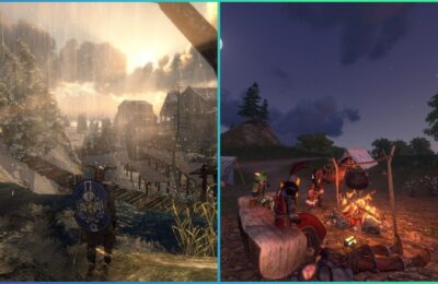 feature image for our gloria victis farming guide, the image features screenshots of the game of characters sat around a glowing campfire, as well as a character stood on a hill overlooking a landscape of water, snowy trees and buildings