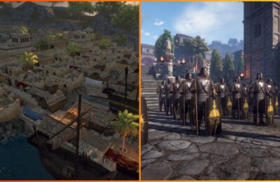 feature image for our gloria victis fast travel guide, the image features gameplay screenshots of an army inside of a city, as well as a screenshot of a location filled with stone buildings, boats, and trees by the water
