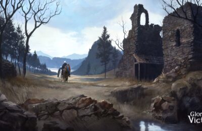 The featured image for our Gloria Victis Forestry guide, featuring some artwork for the game. The picture features a horse and a horse-rider riding towards the camera in the distance. They ride on the outskirts of a forest, next to a broken down cobblestone structure.