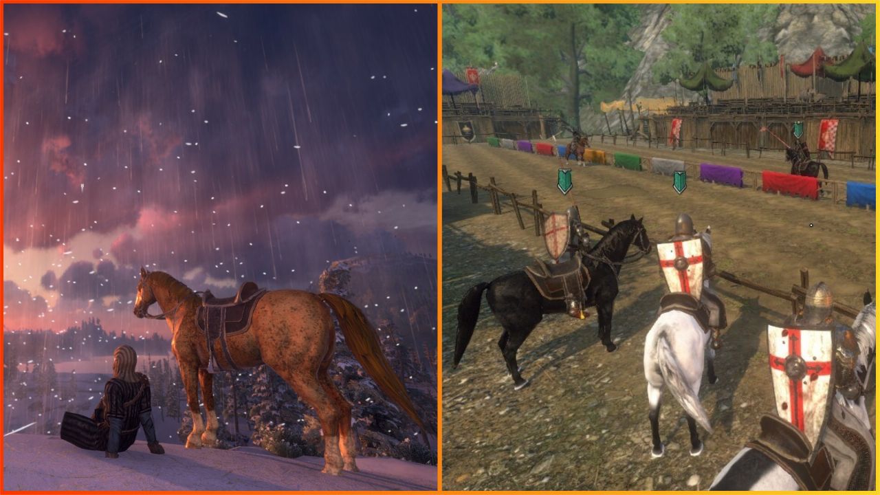 feature image for our gloria victis horse spawns guide, the image features a character sat on a snowy hill with their horse as they overlook the sunset and trees, as well as a screenshot of gameplay of character sat on their horses together