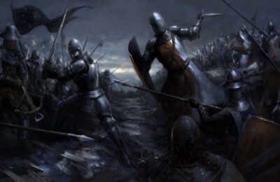 The featured image for our Gloria Victis Leveling guide, featuring some art work from the game. The picture itself features a painting of a huge medieval battle happening in the early hours of morning, with hundreds of soldiers charging at each other.