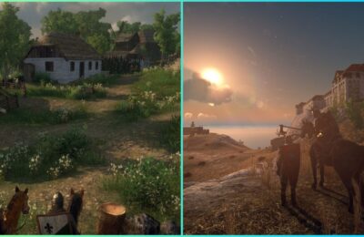 feature image for our gloria victis resources guide, the image features promo screenshots of the game of a small village with lots of grass as two characters on horses stand close by, and a screenshot of two characters standing on a hill as they overlook the cloudy sunset and landscape with a horse